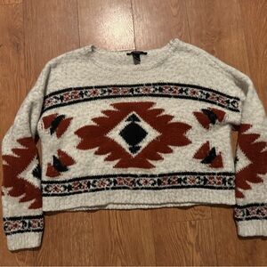 Forever 21 Cropped Sweater Size S Geometric Rust Black Cozy Trendy